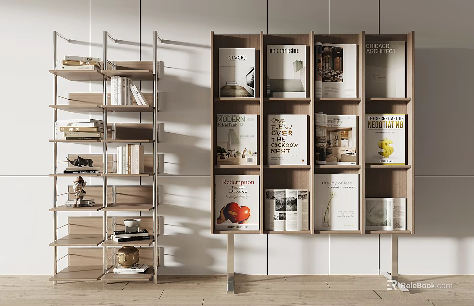 Modern Interior Storage Shelves With Books Magazines And Decorative Items 3d model 