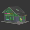 Blue Residential House 3D Model With Gray Roof Balcony Windows And Wooden Door
