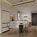 Modern Dining Kitchen Interior With White Cabinets Island Counter Bar Stools Window And City View