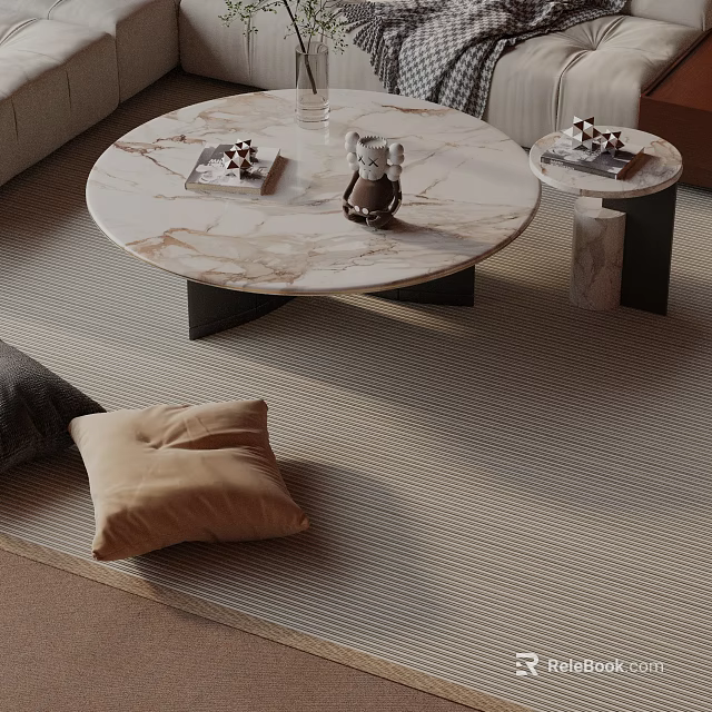Modern Sofa and Coffee Table Set with Round Marble Top and Decorative Pillows on Area Rug 3d model 