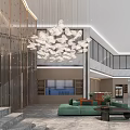 Elegant Modern Hotel Lobby With High Ceiling Large Chandelier Staircase Green Sofa And Marble Floor