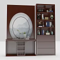 Wooden Chinese Entryway Cabinet And Side Cabinet With Decor Vases Books Circular Landscape Painting