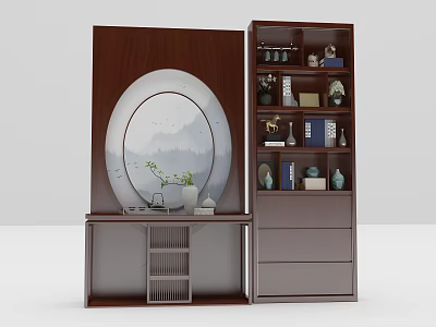 Wooden Chinese Entryway Cabinet And Side Cabinet With Decor Vases Books Circular Landscape Painting 3d model
