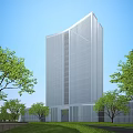 Modern High Rise Office Building With Glass Curtain Wall Surrounded by Trees and Blue Sky