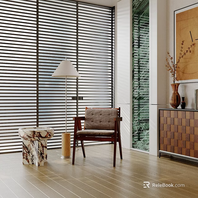 Modern Interior Design with Window Blinds Floor Lamp Chair Side Table and Wooden Floor 3d model 