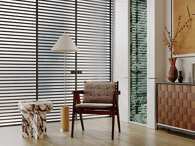 Modern Interior Design with Window Blinds Floor Lamp Chair Side Table and Wooden Floor 3d model