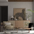 Cozy Living Room Accent Chair With Woven Details Wooden Dresser Lion Painting And Green Plants