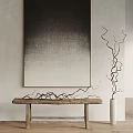 Dark Gradient Wall Painting With Wooden Table Twisted Branches And White Vase 3d model