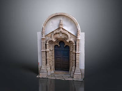 Classical Architectural Doorway Featuring Arched Top Intricate Carved Details And Wooden Panel Door 3d model