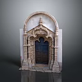 Classical Architectural Doorway Featuring Arched Top Intricate Carved Details And Wooden Panel Door