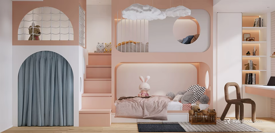 Kids Room Interior With Loft Bed Cloud Pendant Light Rabbit Plush And Pastel Decor 3d model 