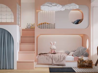Kids Room Interior With Loft Bed Cloud Pendant Light Rabbit Plush And Pastel Decor 3d model