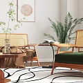 Natural Modern Living Room Interior With Wicker Sofa Armchair Green Cushion Plants And Wooden Table