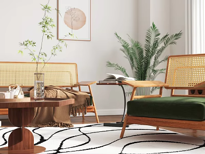 Natural Modern Living Room Interior With Wicker Sofa Armchair Green Cushion Plants And Wooden Table 3d model