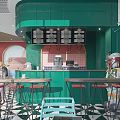 Stylish Green Cafe Interior With Black White Checkered Floor Blue Chairs Red Arch And Green Plants