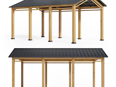 Natural Wood Garden Gazebo Featuring Black Roof And Open Pillared Structure 3d model