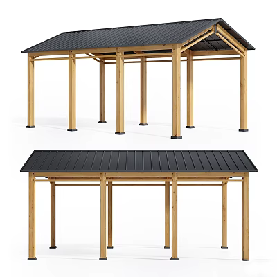 Natural Wood Garden Gazebo Featuring Black Roof And Open Pillared Structure 3d model