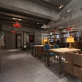 Industrial Style Café Interior With Red Brick Walls Concrete Floors Wooden Furniture And Bakery Shelves