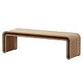 Modern Rattan Bench with Brown and Gray Pillows and Patterned Blanket for Cozy Seating