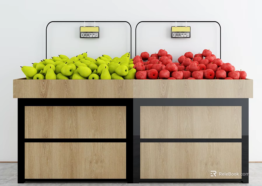 Wooden Display Shelf With Green Pears Red Apples And Price Labels 3d model 
