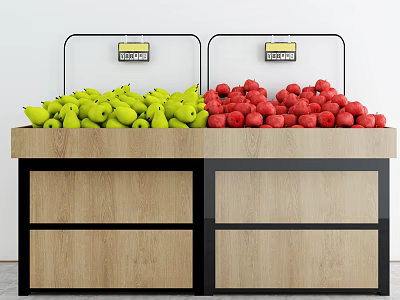 Wooden Display Shelf With Green Pears Red Apples And Price Labels 3d model