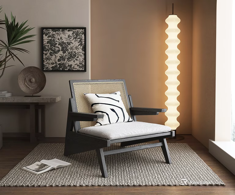 Modern Leisure Chair With Woven Rattan Back Black White Striped Pillow And Wavy Floor Lamp 3d model 