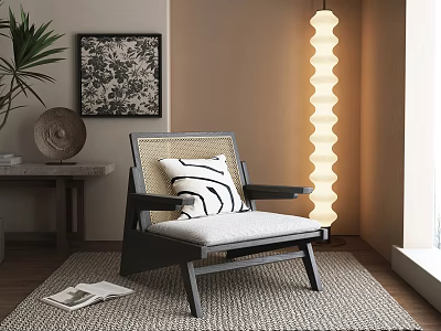 Modern Leisure Chair With Woven Rattan Back Black White Striped Pillow And Wavy Floor Lamp 3d model