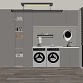 Modern Laundry Room Interior With Two Washing Machines White Cabinets Wall Shelves And Window Blinds