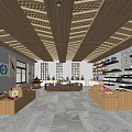 Exhibition Hall With Wooden Grid Ceiling Wooden Display Counters Ceramic Items On Shelves Stone Floor And Decorative Paintings