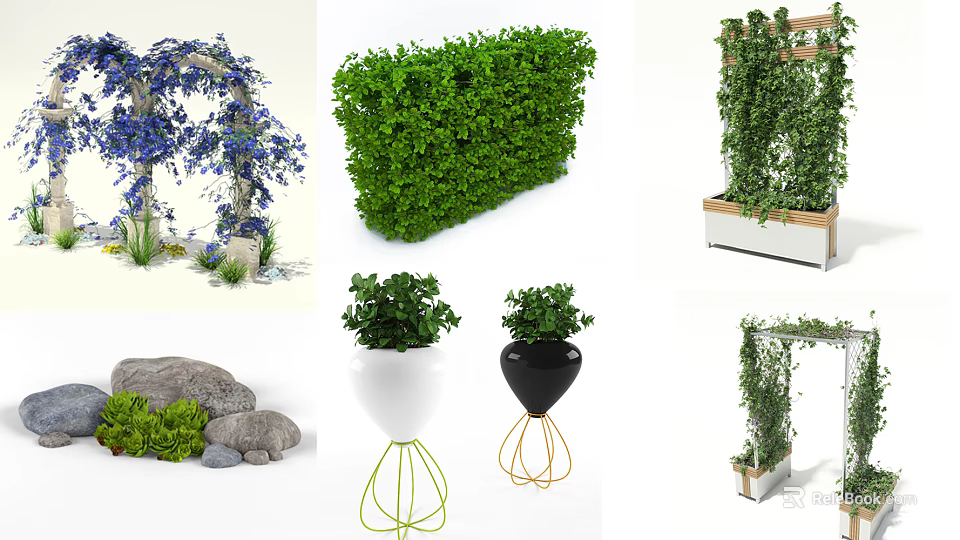 Various Decorative Garden Shrubs with Hedge Vertical Archway and Potted Styles 3d model 