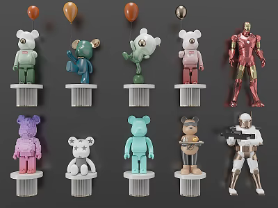 Colorful Collectible Toy Figures With Bear Shapes Superhero And Soldier Designs On Display Stands 3d model