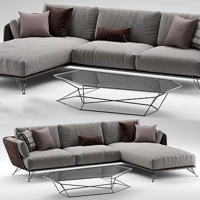 Modern Gray Sectional Sofa With Brown And Gray Pillows Metal Legs And Glass Coffee Table 3d model