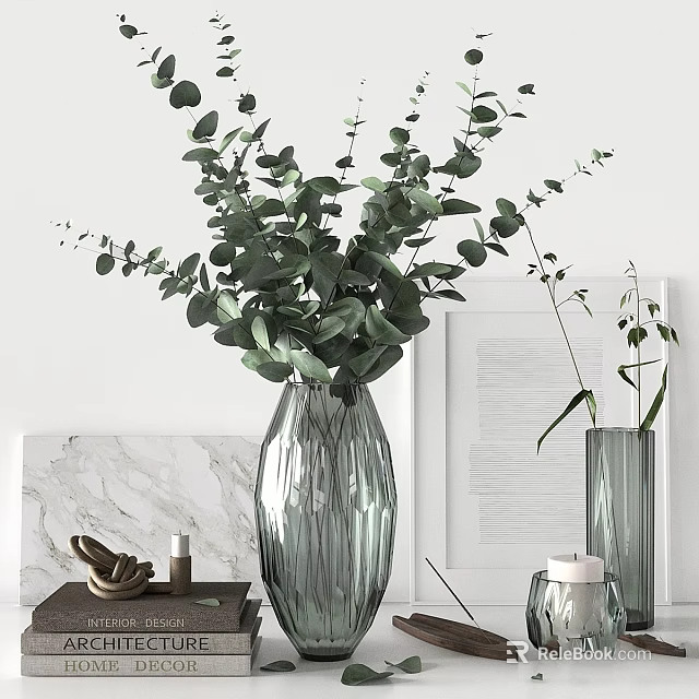 Stylish Decorative Ornament Combination With Glass Vase Green Plants Framed Art And Marble Surface 3d model 