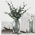 Stylish Decorative Ornament Combination With Glass Vase Green Plants Framed Art And Marble Surface
