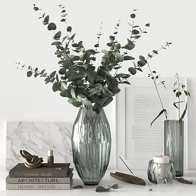 Stylish Decorative Ornament Combination With Glass Vase Green Plants Framed Art And Marble Surface 3d model