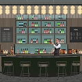 Stylish Bar Interior With Wine Racks Bottles Bartender High Stools And Decorative Lights 3d model