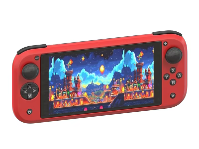 Red Handheld Game Console With Large Screen Featuring Pixel Style Game Display Controls 3d model