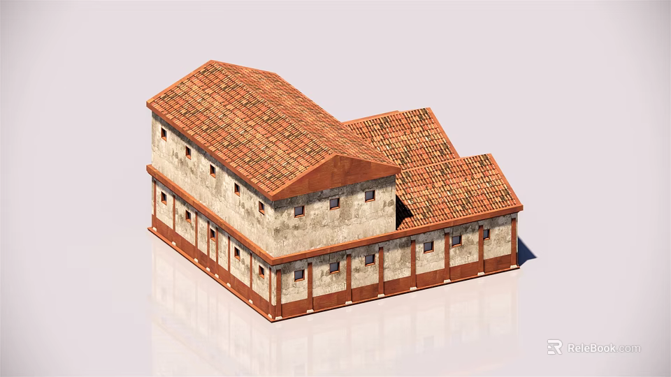 Traditional Multi story Building With Red Tile Roof And White Walls 3d model 