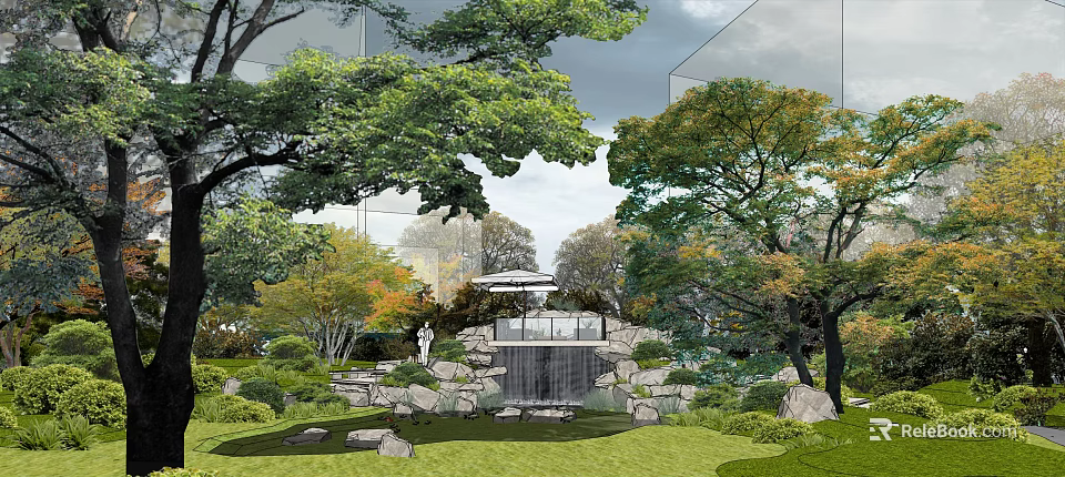 Garden Landscape Design with Lush Trees Rocks Waterfall Pavilion and Green Lawn 3d model 