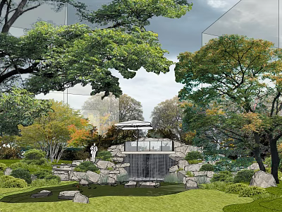 Garden Landscape Design with Lush Trees Rocks Waterfall Pavilion and Green Lawn 3d model