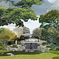 Garden Landscape Design with Lush Trees Rocks Waterfall Pavilion and Green Lawn