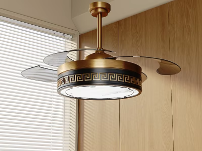 Golden Chandelier with Greek Key Pattern Glass Shade Hanging Over Wooden Wall Room with Blinds 3d model