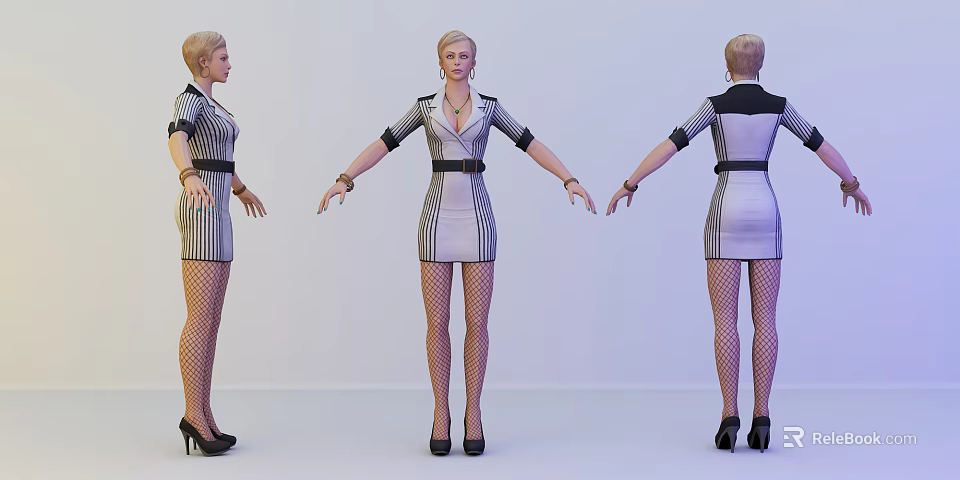 Woman in Striped Dress with Black Belt Fishnet Stockings and High Heels 3d model 