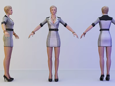 Woman in Striped Dress with Black Belt Fishnet Stockings and High Heels 3d model