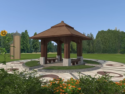 Wooden Pavilion In Park With Green Plants Grassland Sunflower And Circular Pavement 3d model