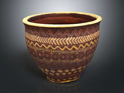 Traditional Ceramic Pot With Brown Yellow Geometric Patterns And Textured Surface 3d model