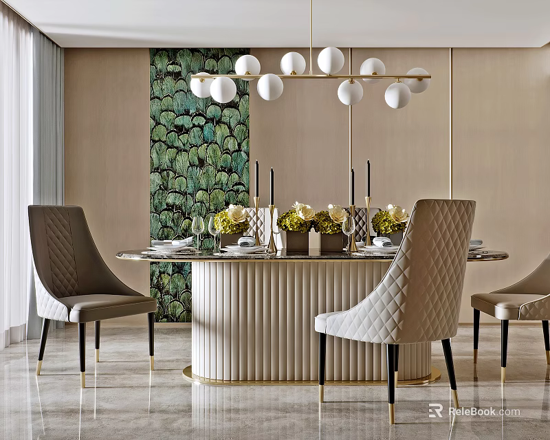 Elegant Modern Dining Table Set With Round Table Upholstered Chairs And Green Decorative Wall 3d model 