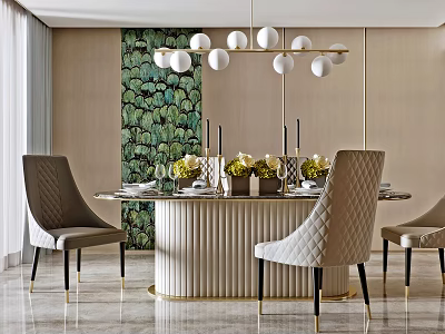 Elegant Modern Dining Table Set With Round Table Upholstered Chairs And Green Decorative Wall 3d model