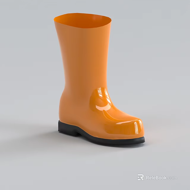 Orange Glossy Rain Boots With Black Sole And Shiny Exterior Design 3d model 