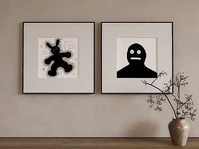 Abstract Paintings With Black Rabbit Shape And Black Human Figure Hanging On Wall 3d model